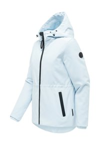 Hele sinise kapuutsiga jakk musta tõmblukuga, mustade ääristustega taskud, paelaga kapuuts ja varrukal ümmargune must logoplaat.