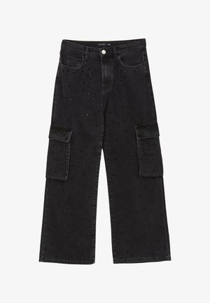 Schwarze Denim-Cargo-Hosen mit silbernen Nietenverzierungen, weiter Beinschnitt und Seitentaschen. Knopfverschluss am Bund.