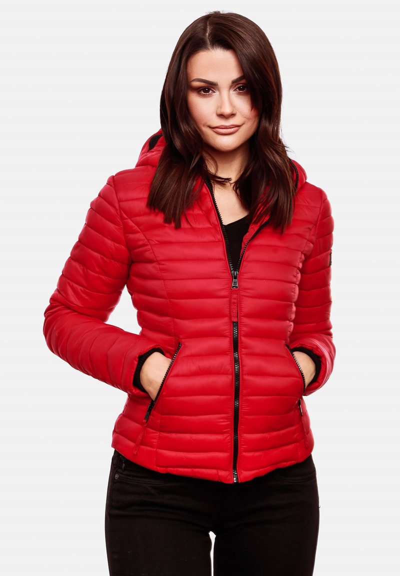 Red puffer jacket with a hood, featuring horizontal quilted pattern, front zip closure, and two side pockets. Fabric is smooth and lightweight.
