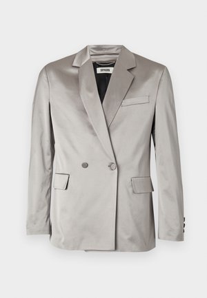 Gray satin double-breasted blazer with notch lapels, front pockets, and buttoned cuffs. Smooth texture, tailored fit, and minimalistic design.