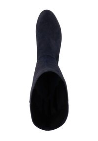 Navy suede knee-high boot with a smooth texture, rounded toe, and a wide opening at the top. Minimalist design, without visible hardware.