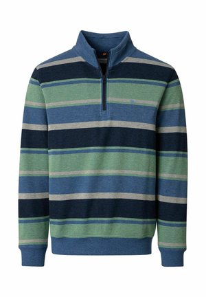Herre langærmet pullover med halv lynlås, med horisontale striber i blå, grøn, marineblå og beige farver.