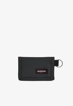 Czarny portfel z tkaniny o prostokątnym kształcie, z metalowym kółkiem do kluczy, przeszyty brzegami oraz wyraźnym wszywanym logo Eastpak.