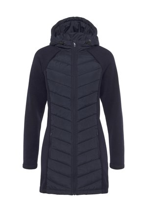 Navy hooded jacket with quilted front panels and soft knit sleeves. Features a zipper front and two side pockets. Textured material.