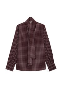 Bordeaux geruite blouse met lange mouwen, een kraag, strikjes aan de voorkant en knoopsluiting bij de manchetten met geplooid detail.