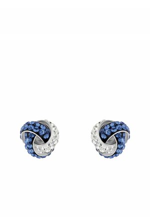 Boucles d’oreilles rondes en argent, torsadées en forme de nœud, ornées de pierres précieuses bleues et transparentes alternées.