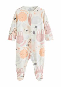 Dugi rukavići za bebe izrađeni od mekog pamuka, s razigranim uzorcima životinja u pastelnim nijansama ružičaste, sive i bijele. Čvrsto kopčanje duž prednje strane.