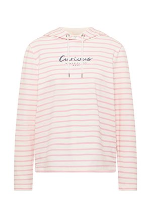 Langärmeliger Hoodie mit hellrosa horizontalen Streifen und dem Schriftzug "Curious Memories and Maps" auf der Vorderseite, mit weißen Kordeln.