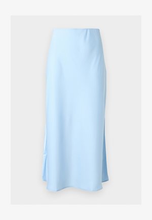 Φωτεινό μπλε σατέν φούστα μέχρι τον αστράγαλο με ψηλή μέση και διακριτικές πλαϊνές σκισμές σε μονόχρωμο φόντο.