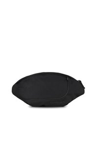 Schwarze Stoffbauchtasche mit curved Design, ausgestattet mit einem Reißverschluss, strukturiertem Oberflächen und einem dezenten Logo auf der Vorderseite.