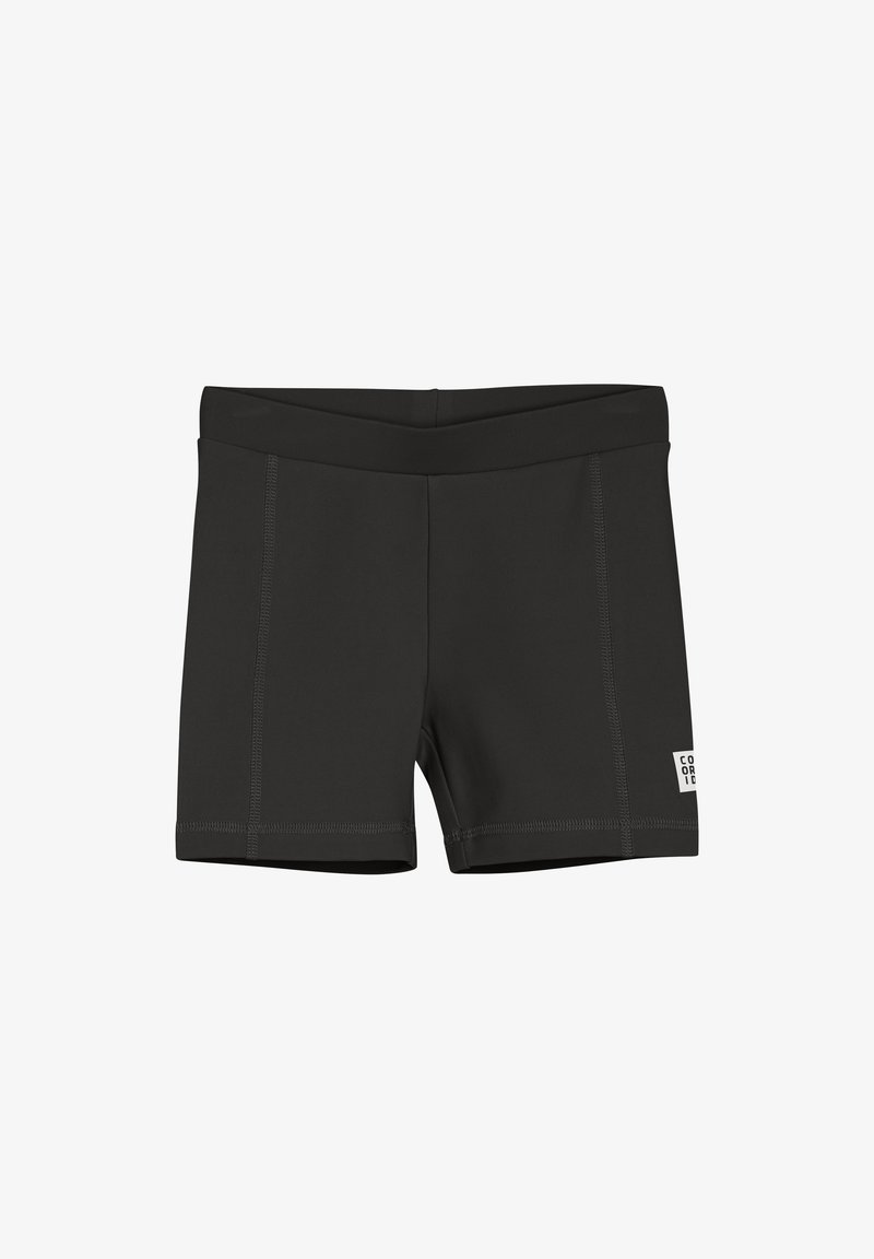 Svarta badshorts i stretchigt tyg. Har en bred midja, platt sömnad och en liten märkesetikett på sidan.