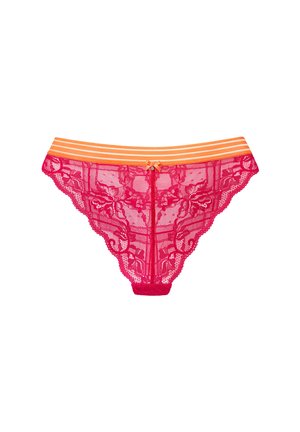 Lace thong in bright pink with floral patterns, an orange striped waistband, and a small bow detail at the center front.