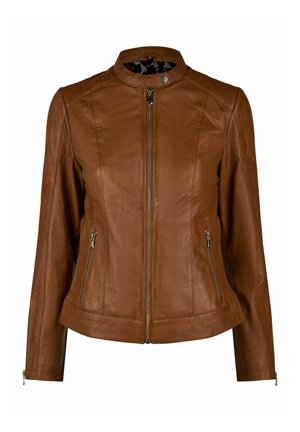Braune Lederjacke mit Frontreißverschluss, Reißverschlusstaschen an den Seiten, Stehkragen mit Druckknopf und langen Ärmeln mit Reißverschlussbündchen.