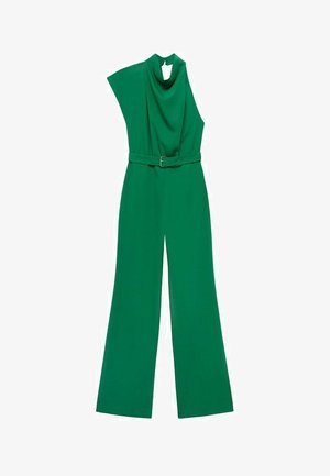 Ärmelloser grüner Jumpsuit mit hohem Hals, tailliertem Bund und weitem Bein.