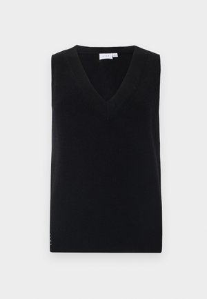 Maglione nero senza maniche in maglia con scollatura a V profonda, caratterizzato da una texture a coste e delicati dettagli laterali. Design classico con taglio dritto.
