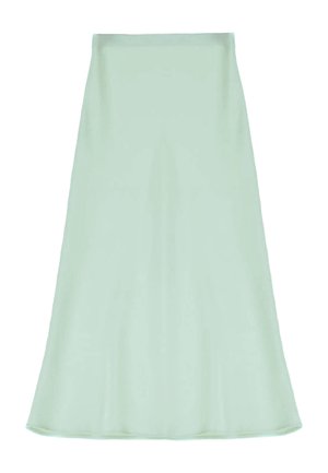 Gonna midi verde chiaro realizzata in tessuto morbido, con una silhouette svasata e un design semplice e pulito, privo di motivi o decorazioni visibili.