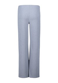 Helle blaue weit geschnittene Hose mit einem vertikalen Streifenmuster, ausgestattet mit einem nahtlosen hohen Taillenbund und einem glatten, strukturierten Stoff.