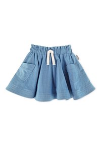 Denimrock mit elastischem Bund, Kordelzug, zwei Fronttaschen, ausgestelltem Saum und hellblauer Farbe. Einfache steppnähte.
