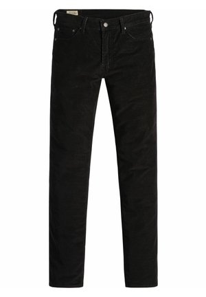 Pantalon en velours côtelé noir slim fit pour homme avec fermeture avant à bouton et zip, passants de ceinture et design cinq poches.