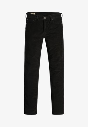 Pantaloni da uomo neri slim fit in velluto a coste con chiusura frontale con bottone e zip, passanti per cintura e design con cinque tasche.