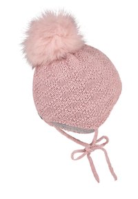 Pink knitted cap with a textured pattern, featuring a fluffy pom-pom on top, ties for secure fit, and soft lining inside.