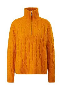 Maglione arancione lavorato a maglia con colletto alto e mezza zip. Presenta un motivo a treccia testurizzato e orli e polsini a coste. Realizzato in tessuto morbido.