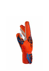 Goalkeeper gloves featuring vibrant orange and black design, rubber accents, textured grip, and breathable material with blue details.