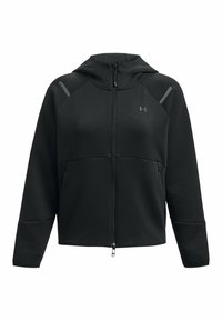 Čierna mikina na zips vyrobená z jemného materiálu, s priliehavou kapucňou, raglánovými rukávmi a jemnými šedými akcentmi na pleciach.