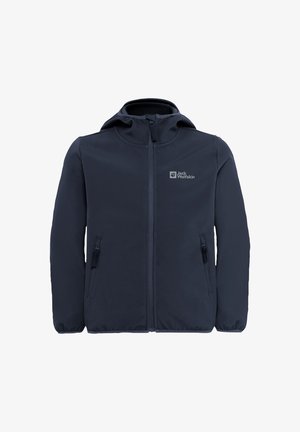 Dunkelblaue Softshell-Jacke mit Kapuze, zwei seitlichen Reißverschlusstaschen und einem Logo auf der Brust, gefertigt aus einem leichten, wasserabweisenden Material.