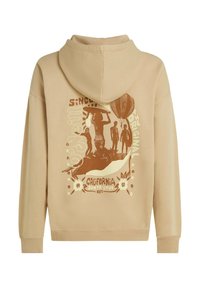 Bēša kapuče ar grafisko dizainu, kurā attēlotas silueti un baloni. Mīksta tekstūra un ribota aproce, kas atspoguļo retro Kalifornijas tēmu.