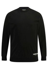 Zwarte lange mouwen sweatshirt met een ronde hals, gemaakt van een gladde stof. Heeft ribgebreide manchetten en zoom, en een wit logo aan de onderkant links.