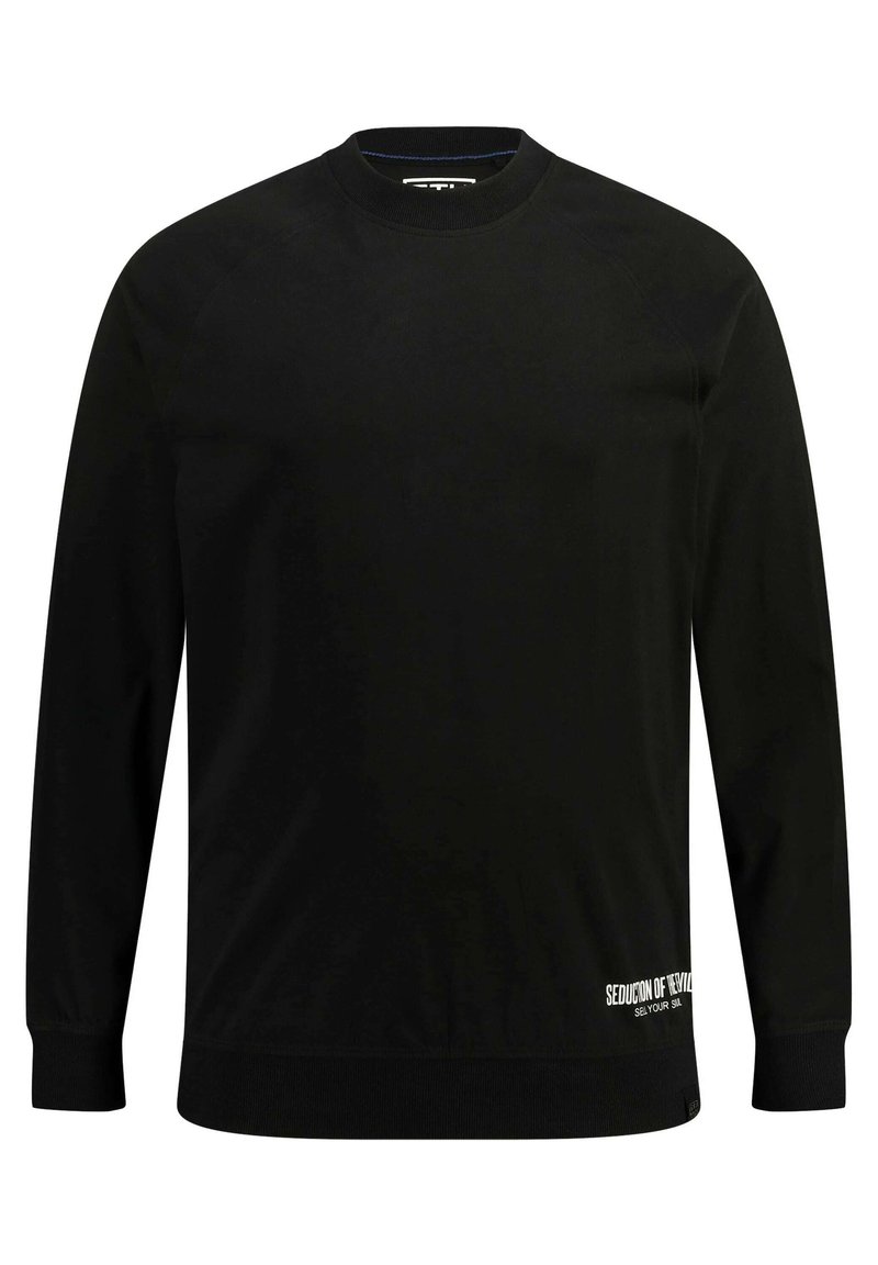 Zwarte lange mouwen sweatshirt met een ronde hals, gemaakt van een gladde stof. Heeft ribgebreide manchetten en zoom, en een wit logo aan de onderkant links.