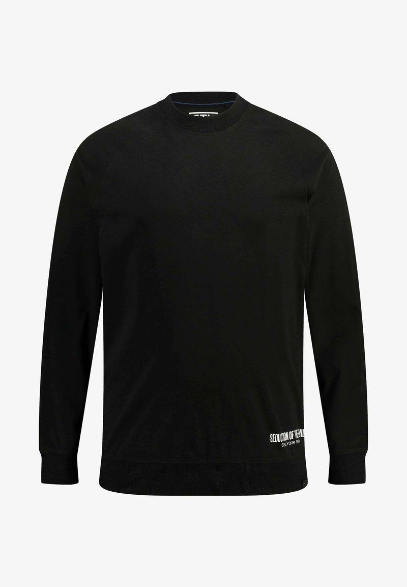 Felpa nera a maniche lunghe con colletto rotondo, realizzata in tessuto liscio. Presenta polsini e orlo ribattuti, e un logo bianco in basso a sinistra.