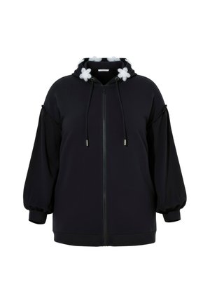 Zwarte hoodie met rits, opgezette mouwen en capuchon, versierd met vier witte bloemapplicaties.