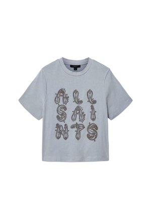 Jasnoszara koszulka z krótkim rękawem z dekoracyjnymi czarnymi literami układającymi się w napis "ALL SAINTS" w trzech pionowych kolumnach na przodzie.