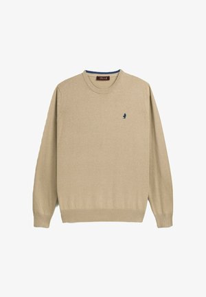 Maglione beige a maglia con maniche lunghe, collo a giro, polsini e bordo a costine. Presenta un piccolo logo blu sul petto. Tessuto morbido.