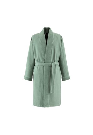 Light green waffle-textured bathrobe with shawl collar and waist tie belt, mid-length with long sleeves.