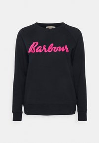 Sweatshirt en coton noir avec le texte "Barbour" brodé en rose. Il a un col rond et des poignets et un ourlet côtelés. Texture lisse.