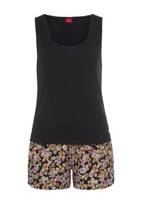 Black ribbed tank top with a scoop neckline, paired with floral-patterned shorts featuring purple and brown flowers on a black background.
