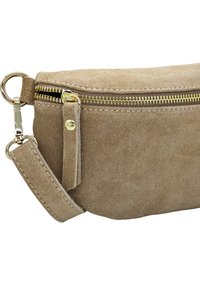 Pochette en suède beige avec une fermeture éclair dorée, dotée d'une sangle latérale et d'accents métalliques. Texture lisse et design sobre avec un minimum de matériel.