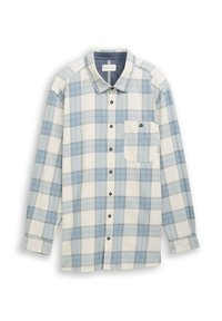 Lange mouwen geruite blouse in lichtcrème, blauw en marineblauw; heeft een knoopsluiting aan de voorkant, één borstzak en een casual kraagontwerp.