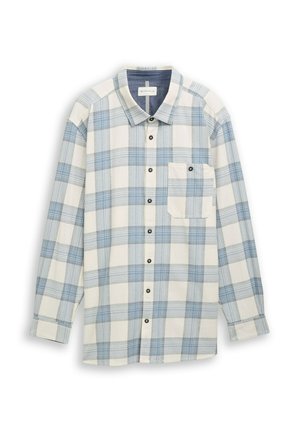 Langärmliges Karoshirt in hellem Creme, Blau und Marine; mit einer Knopfleiste vorne, einer Brusttasche und einem lässigen Kragen design.