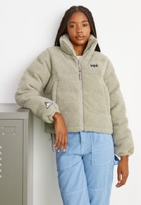 Giacca in pile fuzzy verde chiaro con colletto alto, chiusura lampo completa e dettagli con logo. Presenta polsini elasticizzati e un design cropped.