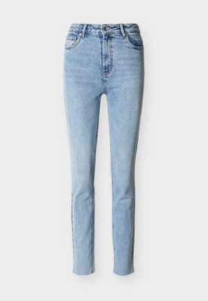 Women’s light blue slim-fit jeans with five pockets, button closure, and high waist, displayed on a white background.