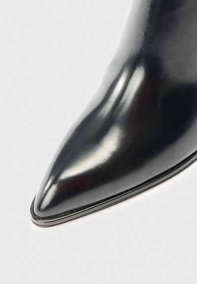 Błyszczący czarny skórzany but z szpiczastym czubkiem i gładką, wypolerowaną powierzchnią na białym tle.
