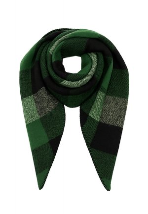 Green and black checkered wool scarf folded with pointed ends on a white background.