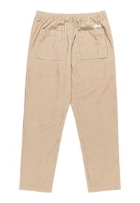 Light beige corduroy trousers with an elastic waistband, two back pockets, and a straight-leg design. Textured fabric with ridged patterns.