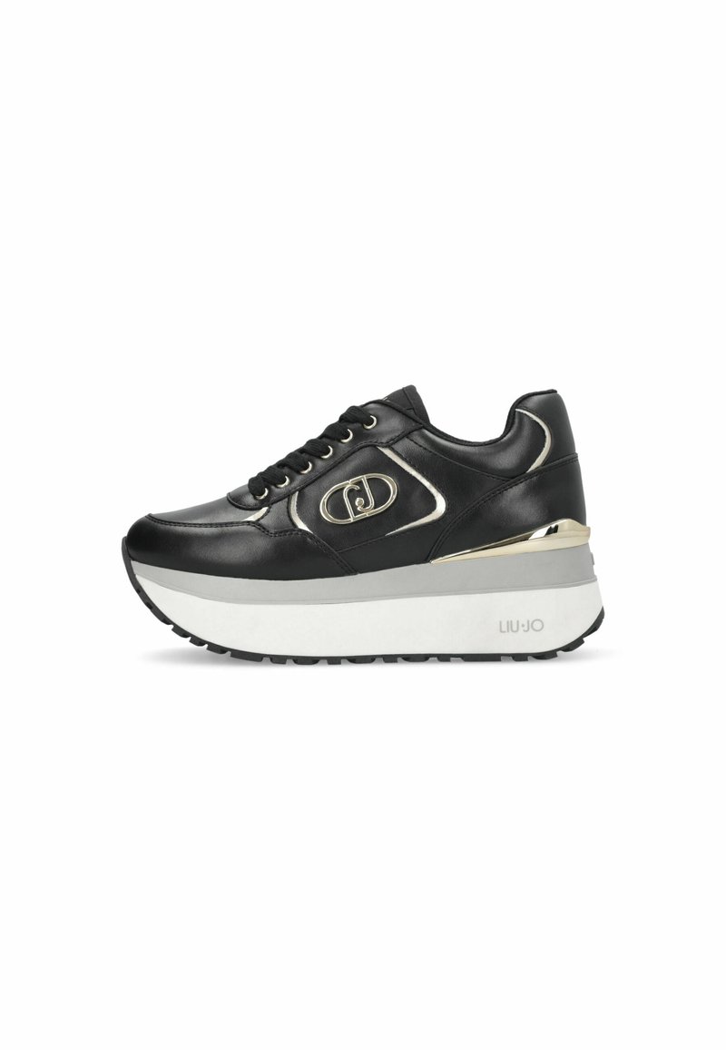 Sneaker platform nera con suola bianca, dettagli dorati, allacciatura frontale e logo in rilievo sul lato.