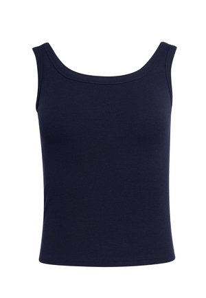Marineblå ribbet ærmeløs cropped top med brede skulderstropper og firkantet udskæring.