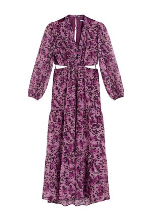 Rochie maxi cu mâneci lungi, model mov și negru, decolteu în V, talie elastică cu decupaje și fustă cu volane, pe fundal alb.